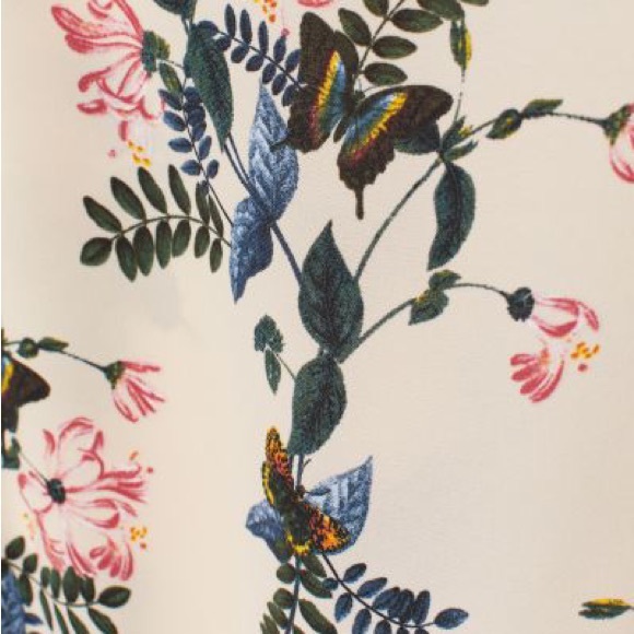 H&M Cream Blue & Pink Butterfly Floral Printed 3/4 Sleeve Belted Boatneck Dress - Picture 5 of 17